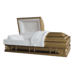 Gold casket from the Gemini Series with silver trim and bright white interior for a luxurious final tribute.