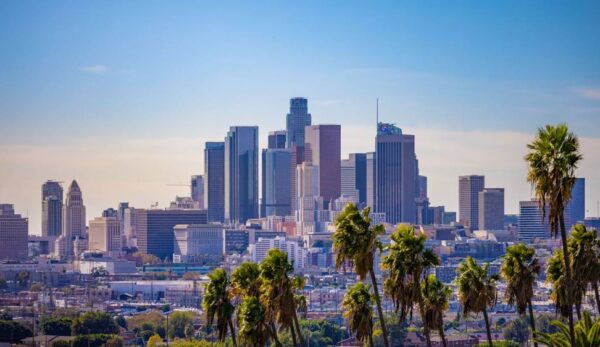 Skyline of a city with tall skyscrapers under a clear blue sky. Foreground features palm trees, conveying a warm, sunny, and vibrant atmosphere.