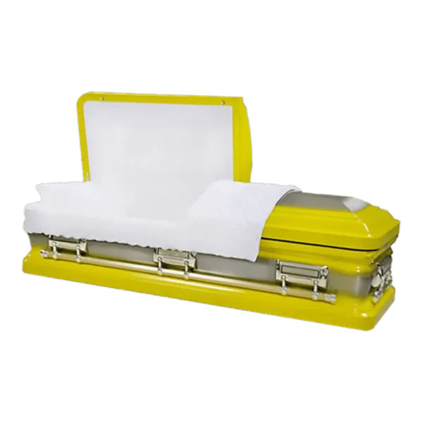 Bright yellow casket with its lid open, exposing a white cushioned interior. The scene feels solemn yet unconventional.