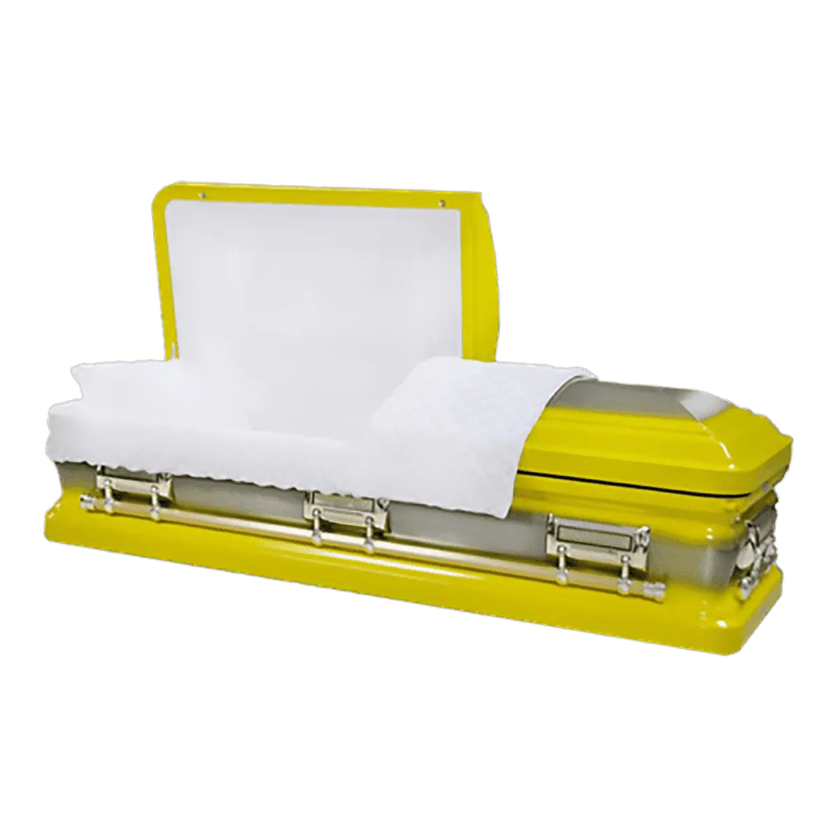 Bright yellow casket with its lid open, exposing a white cushioned interior. The scene feels solemn yet unconventional.