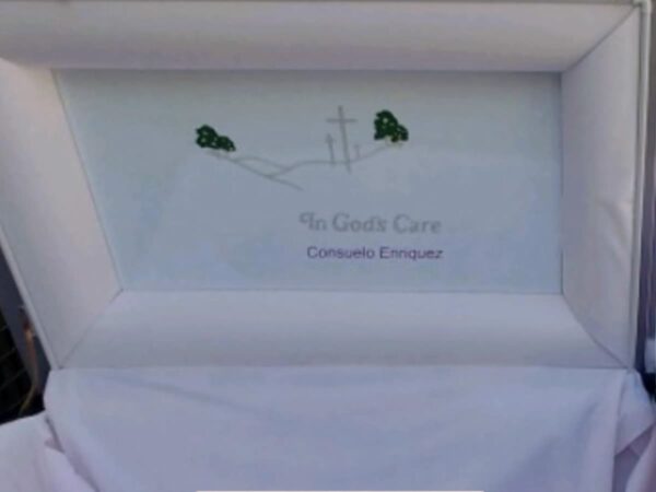 A framed picture with an illustration of two green trees and a cross on a hill. Below, faint text reads "In God's Care" and "Consuelo Enriquez."